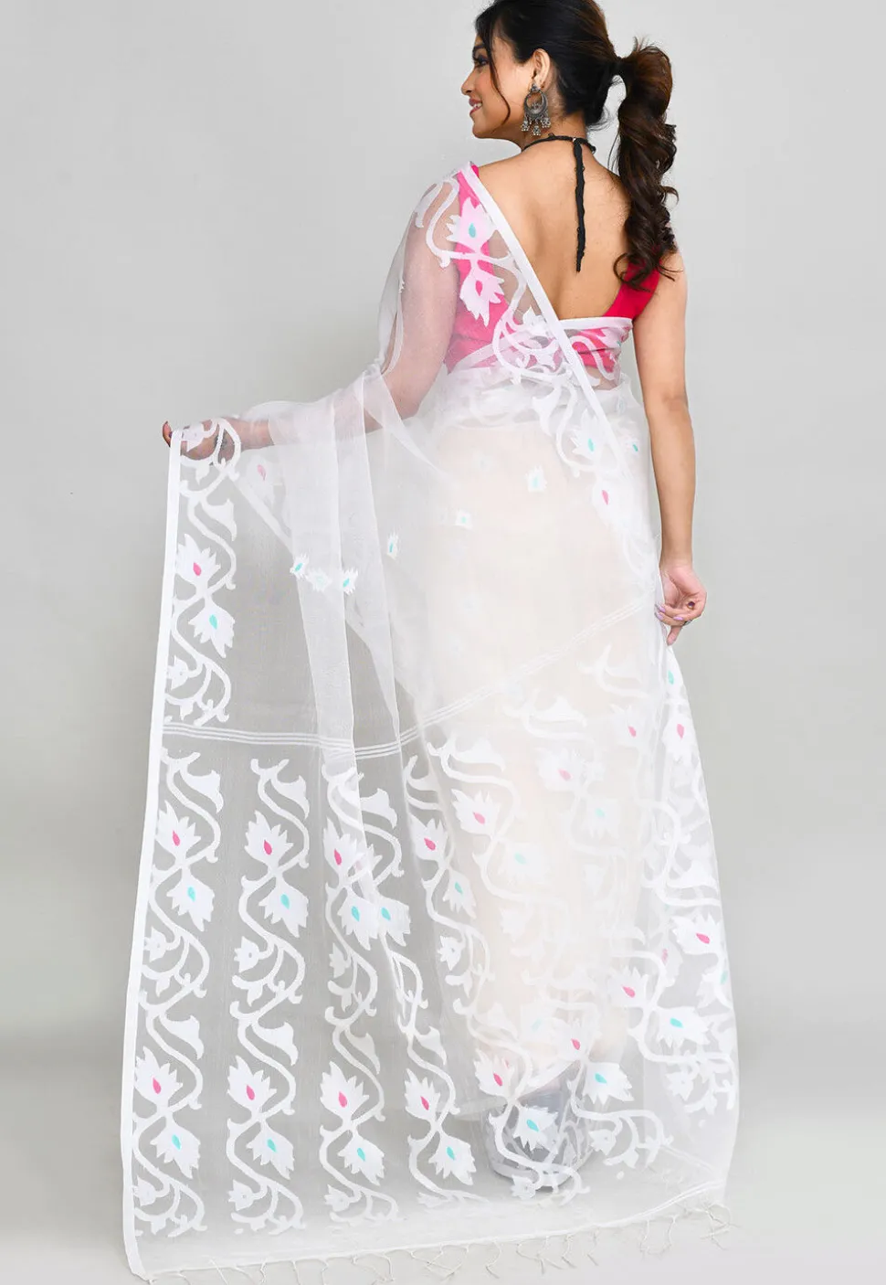 Handloom Jamdani Art Silk Saree in White