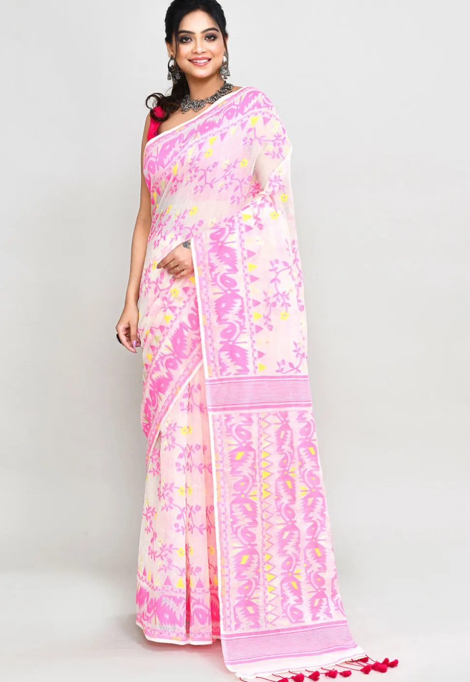 Handloom Jamdani Cotton Silk Saree in Off White