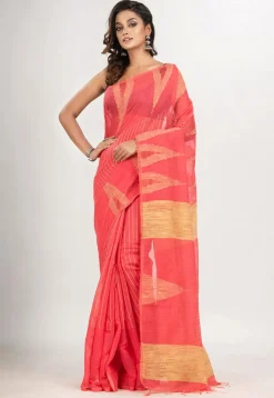Handloom Jamdani Cotton Saree in Coral Red