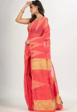 Handloom Jamdani Cotton Saree in Coral Red