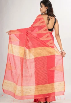 Handloom Jamdani Cotton Saree in Coral Red
