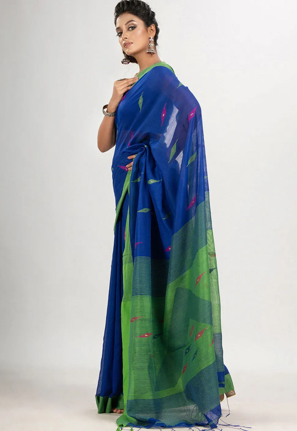 Handloom Jamdani Cotton Saree in Royal Blue