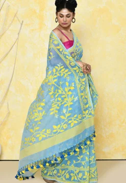 Handloom Jamdani Cotton Silk Saree in Sky Blue