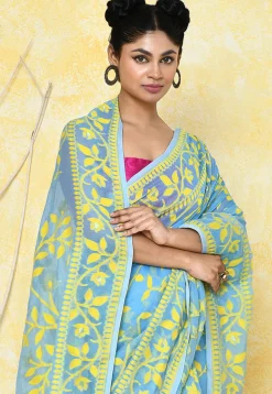 Handloom Jamdani Cotton Silk Saree in Sky Blue