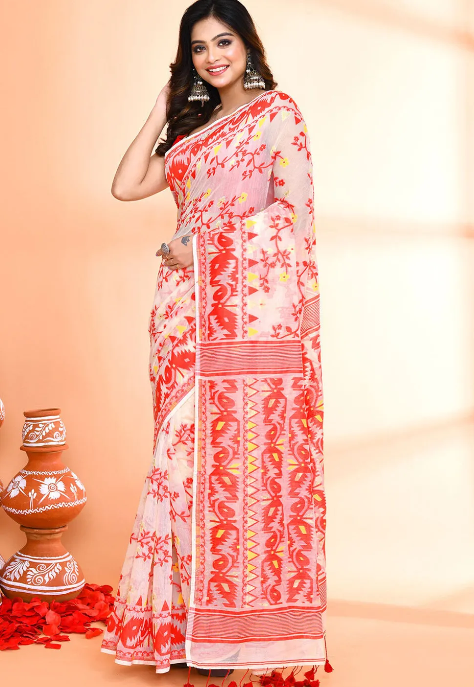 Handloom Jamdani Cotton Silk Saree in Off White