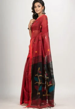 Handloom Jamdani Cotton Saree in Red