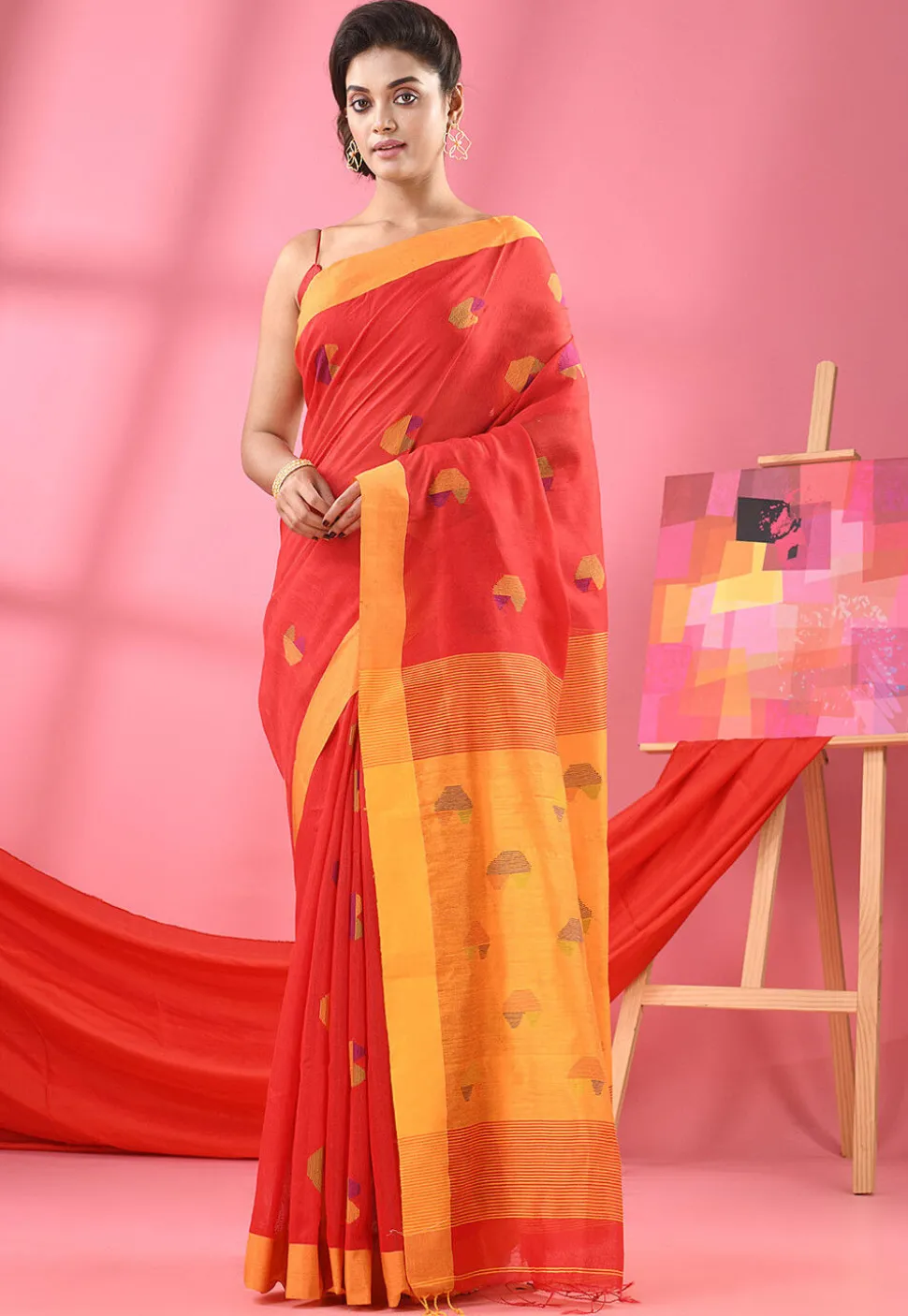 Handloom Jamdani Cotton Saree in Red