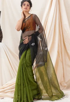 Handloom Jamdani Cotton Saree in Black and Olive Green