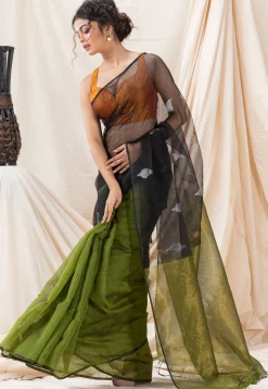 Handloom Jamdani Cotton Saree in Black and Olive Green