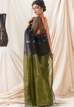 Handloom Jamdani Cotton Saree in Black and Olive Green