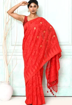 Handloom Jamdani Cotton Silk Saree in Red
