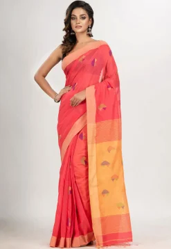 Handloom Jamdani Cotton Saree in Coral Red