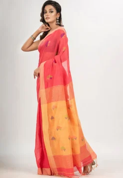 Handloom Jamdani Cotton Saree in Coral Red