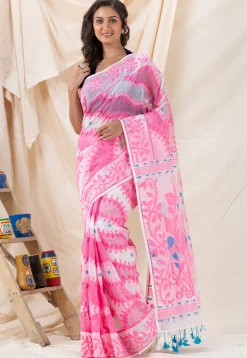 Handloom Jamdani Cotton Saree in White and Pink