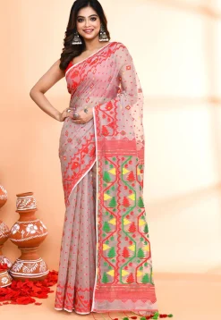 Handloom Jamdani Cotton Silk Saree in Light Grey
