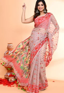 Handloom Jamdani Cotton Silk Saree in Light Grey