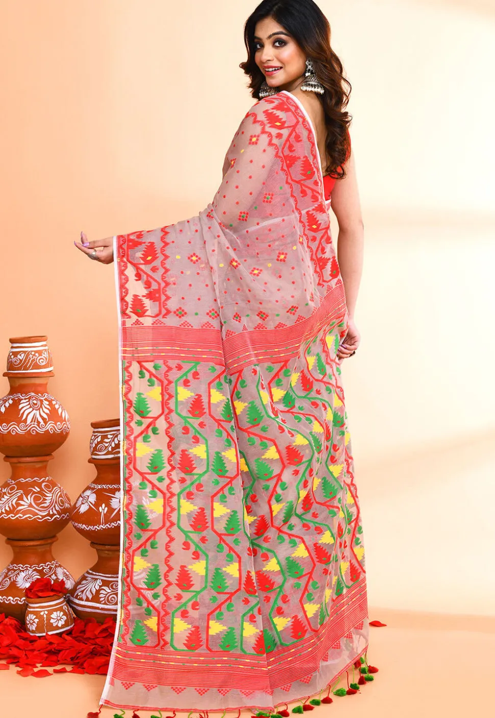 Handloom Jamdani Cotton Silk Saree in Light Grey