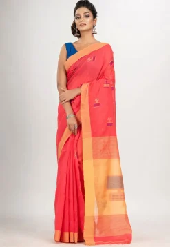 Handloom Jamdani Cotton Saree in Coral Red