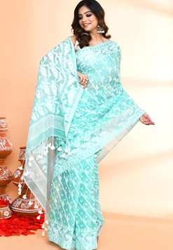 Handloom Jamdani Cotton Silk Saree in Sea Green