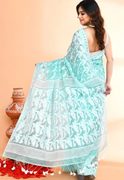 Handloom Jamdani Cotton Silk Saree in Sea Green