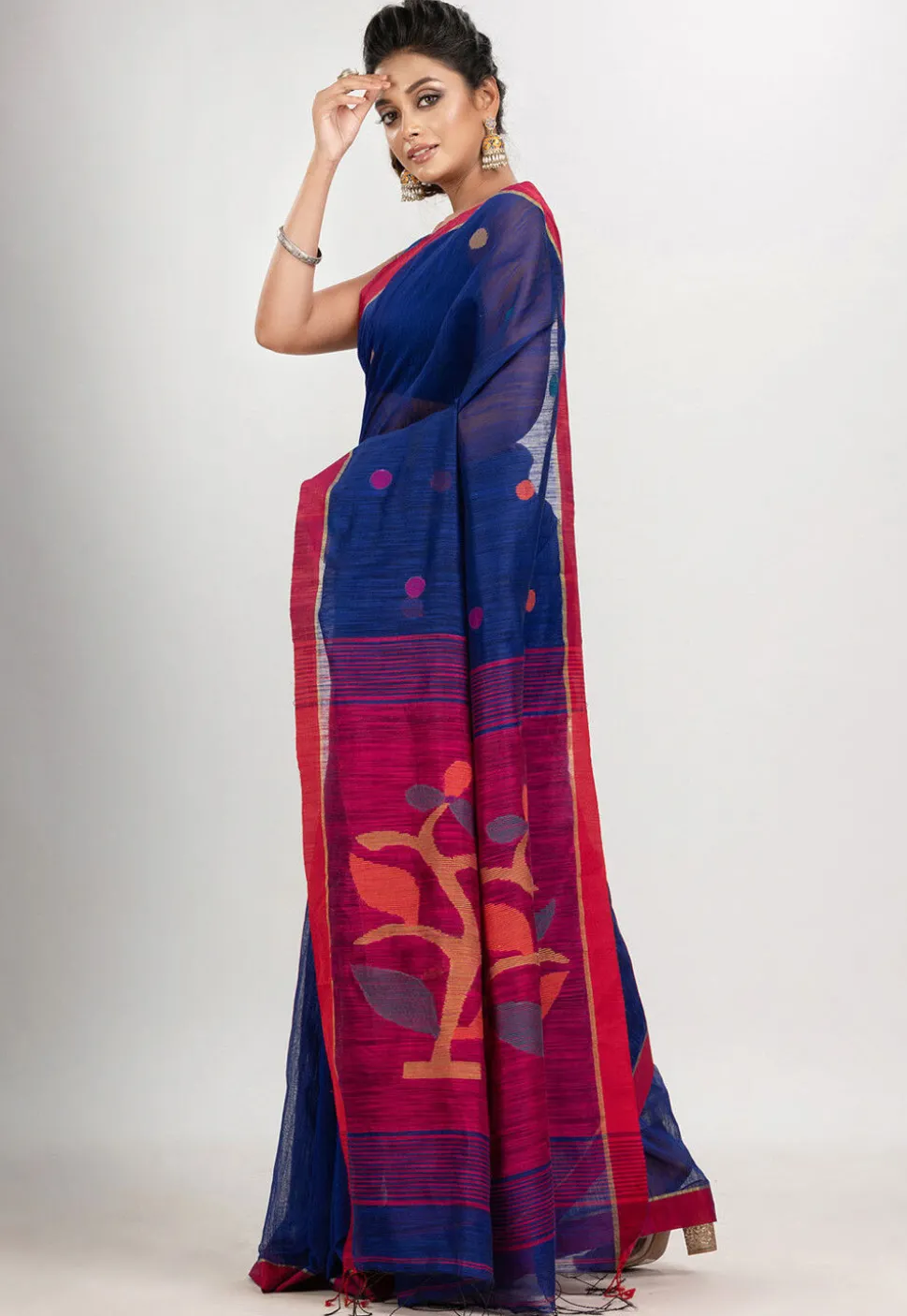 Handloom Jamdani Cotton Saree in Royal Blue