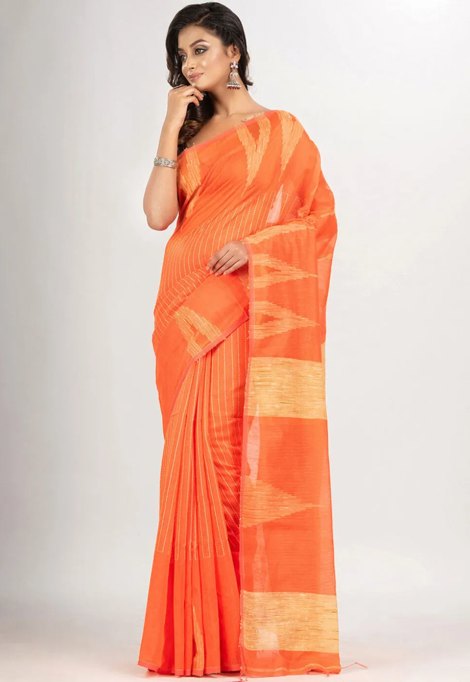 Handloom Jamdani Cotton Saree in Orange