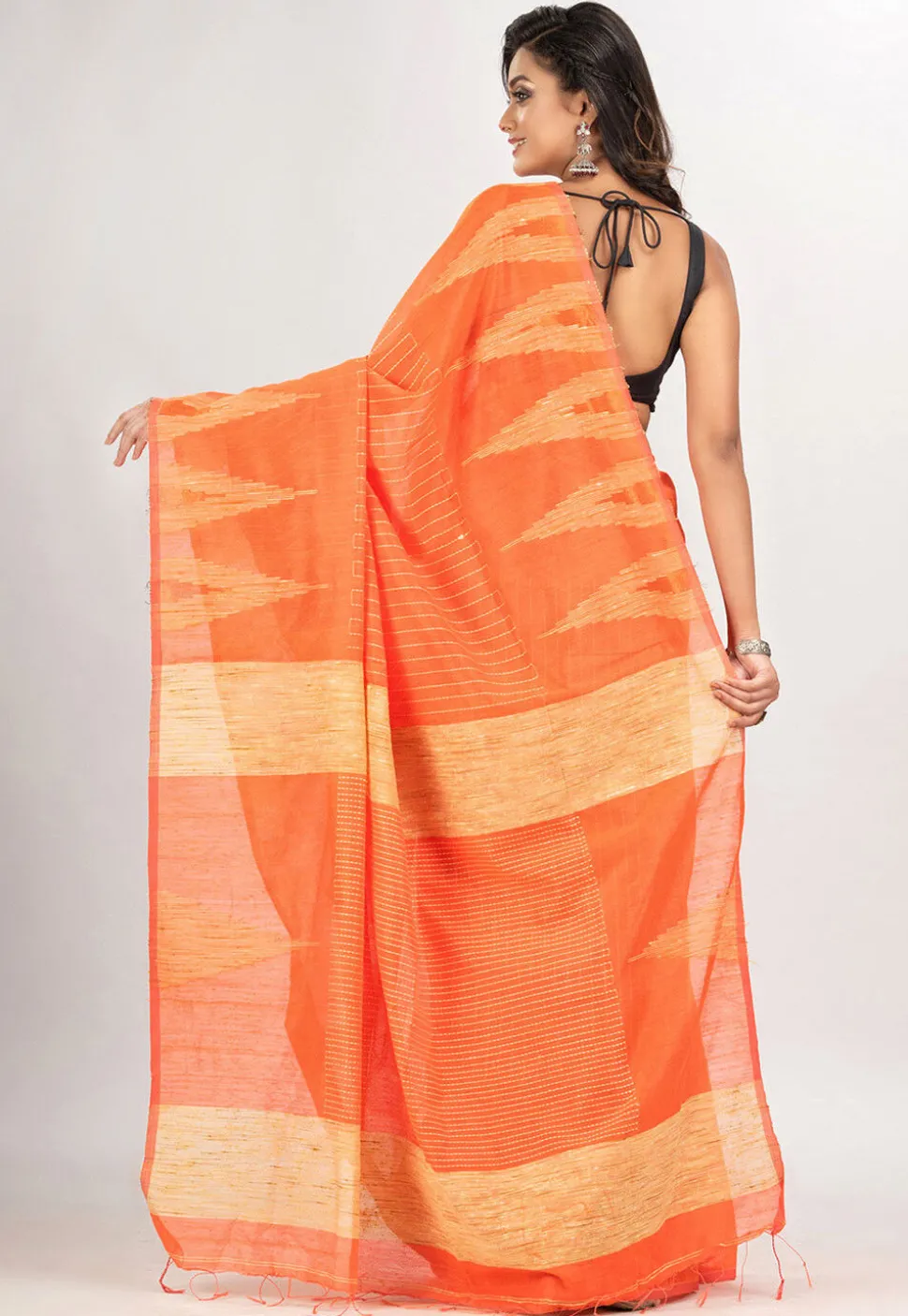 Handloom Jamdani Cotton Saree in Orange