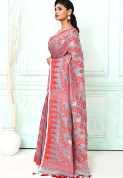 Handloom Jamdani Cotton Silk Saree in Grey