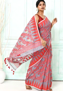 Handloom Jamdani Cotton Silk Saree in Grey