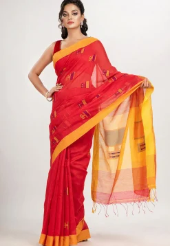 Handloom Jamdani Cotton Saree in Red