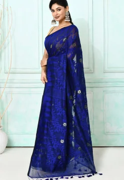 Handloom Jamdani Cotton Silk Saree in Dark Blue