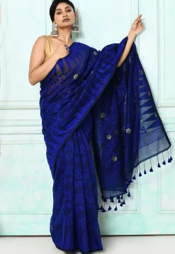 Handloom Jamdani Cotton Silk Saree in Dark Blue