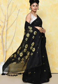 Handloom Jamdani Cotton Silk Saree in Black