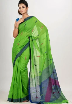 Handloom Jamdani Cotton Saree in Light Green