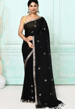 Handloom Jamdani Linen Silk Saree in Black