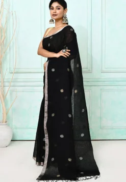 Handloom Jamdani Linen Silk Saree in Black