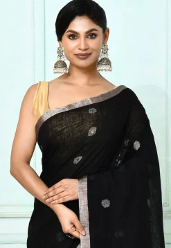 Handloom Jamdani Linen Silk Saree in Black