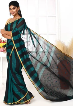 Handloom Jamdani Pure Cotton Saree in Teal Blue and Black