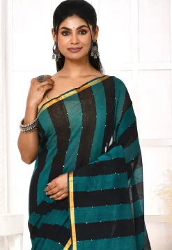 Handloom Jamdani Pure Cotton Saree in Teal Blue and Black