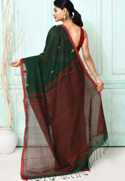 Handloom Jamdani Pure Cotton Saree in Dark Green