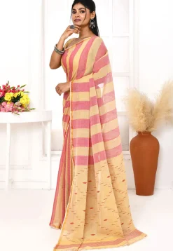 Handloom Jamdani Pure Cotton Saree in Beige and Pink