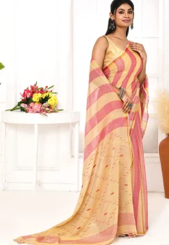Handloom Jamdani Pure Cotton Saree in Beige and Pink