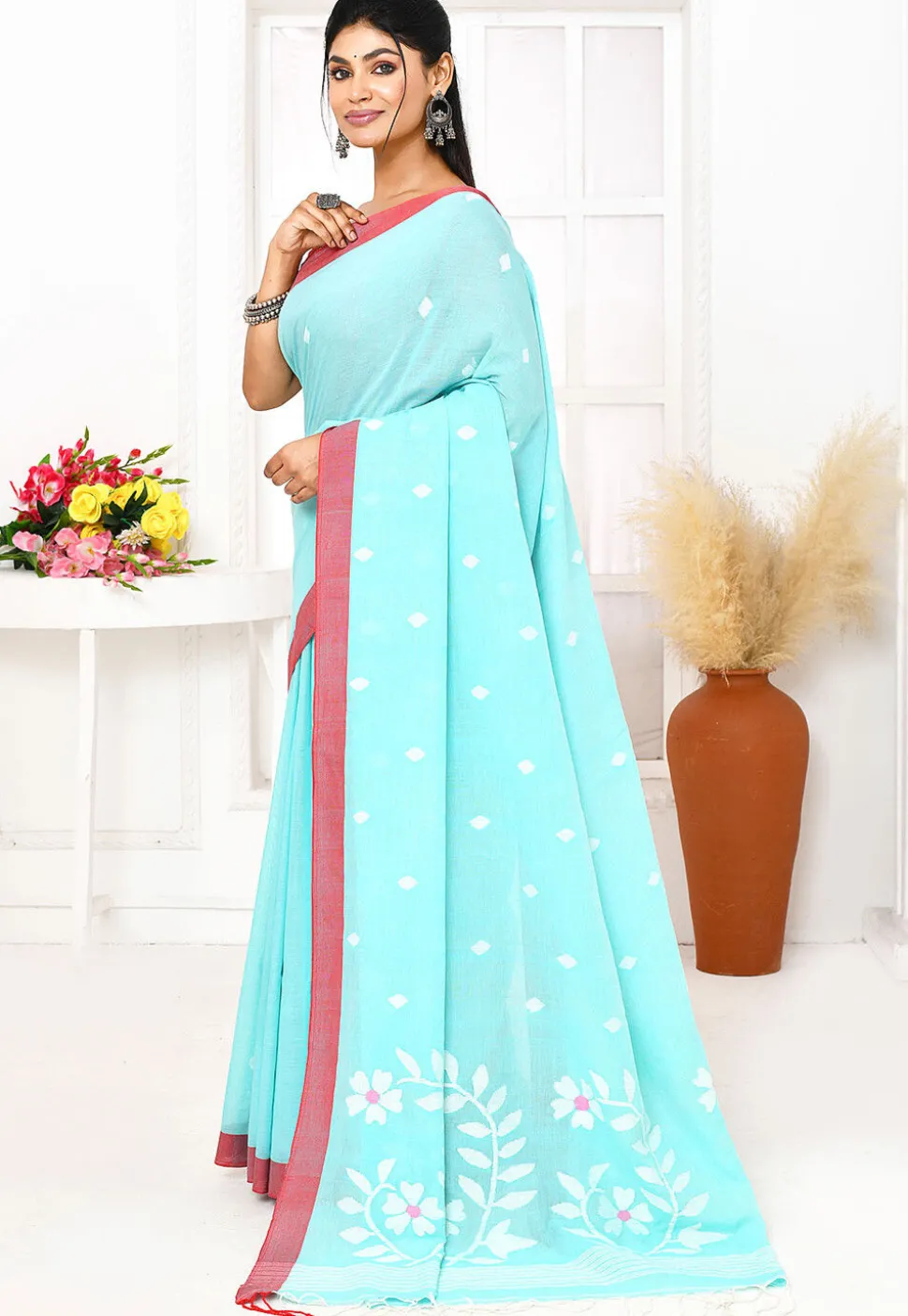 Handloom Jamdani Pure Cotton Saree in Sky Blue