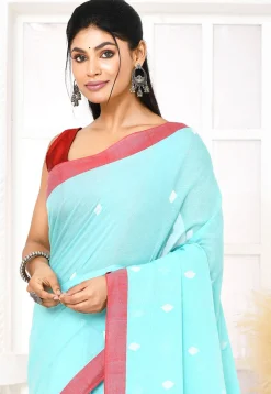 Handloom Jamdani Pure Cotton Saree in Sky Blue