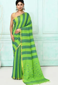 Handloom Jamdani Pure Cotton Saree in Green and Teal Green