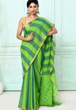 Handloom Jamdani Pure Cotton Saree in Green and Teal Green