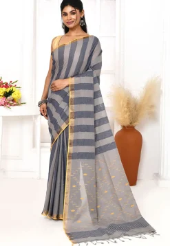 Handloom Jamdani Pure Cotton Saree in Dark Grey and Light Grey