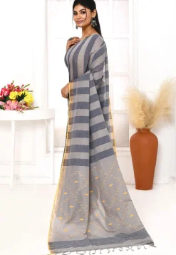 Handloom Jamdani Pure Cotton Saree in Dark Grey and Light Grey