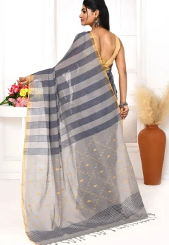 Handloom Jamdani Pure Cotton Saree in Dark Grey and Light Grey