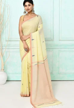 Handloom Jamdani Pure Cotton Saree in Light Yellow